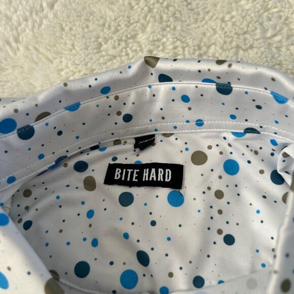 Bite Hard Polo Shirt Men XL White Polka a Dot Stretch Performance Golf Preppy - Picture 5 of 6